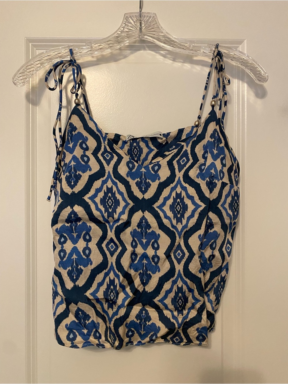 Zara Blue and Cream Geometric Tie-Shoulder Camisole